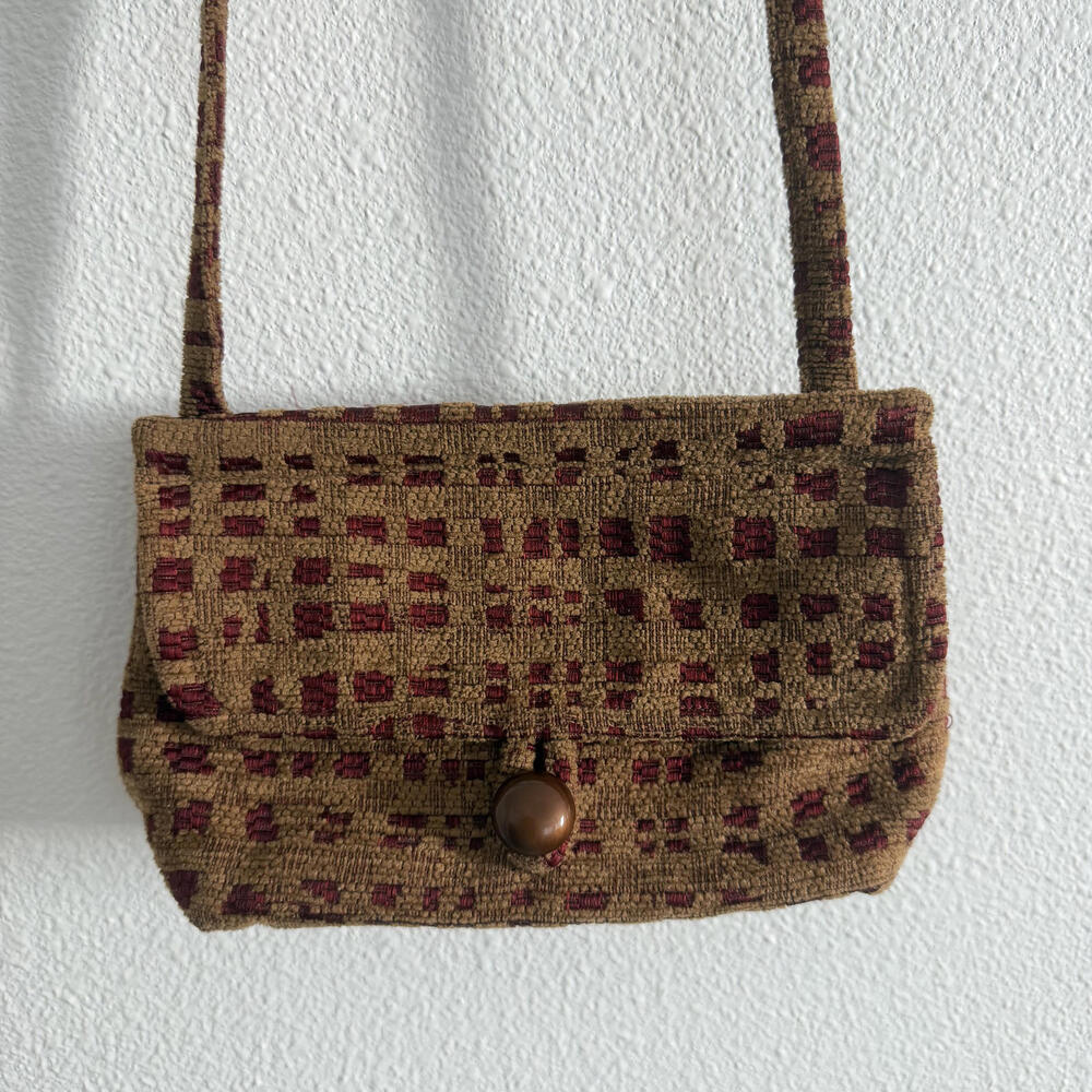 Vintage Small Textured Woven Crossbody Purse Brown Burgundy Bohemian Artisan